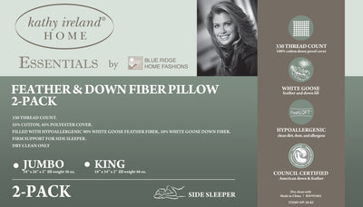 Kathy Ireland 330 Thread Count Side Sleeper White Goose Feather and Down Fiber Pillow 2Pk