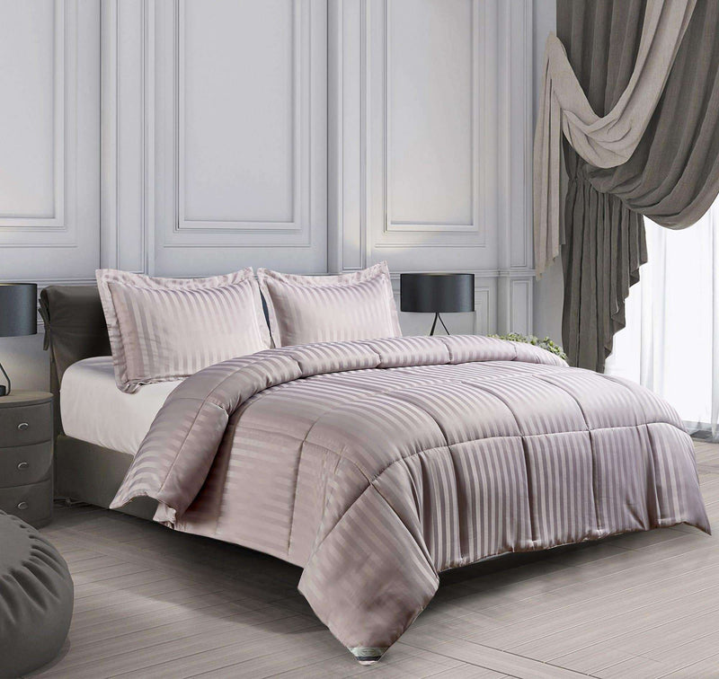 Kathy ireland - ESSENTIALS Microfiber Damask Stripe/Solid 3-PC Reversible Down Alternative Comforter Set Twin in Taupe color